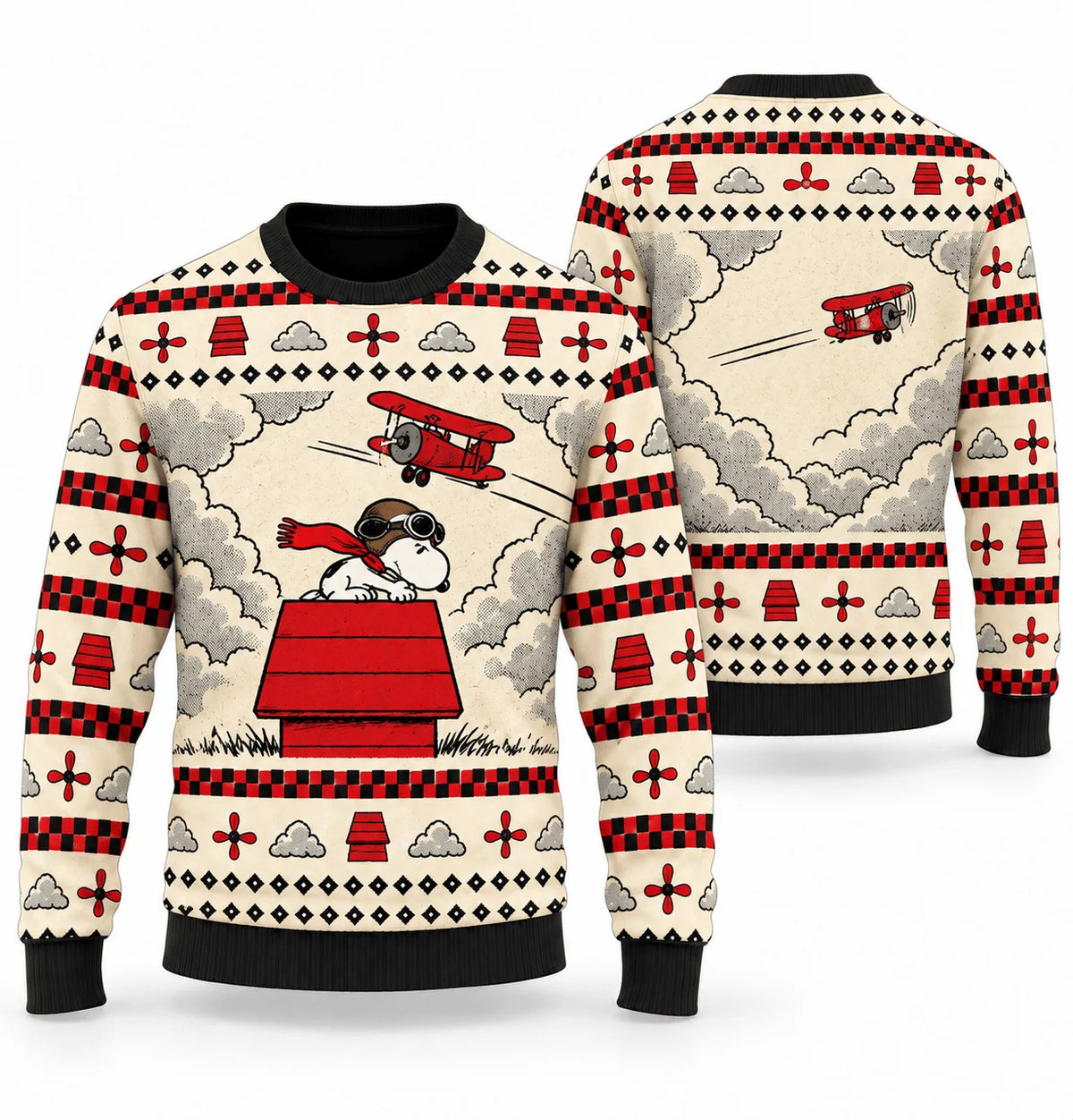 Snoopy Flying Ace Red Roof Close Call Ugly Christmas Sweater