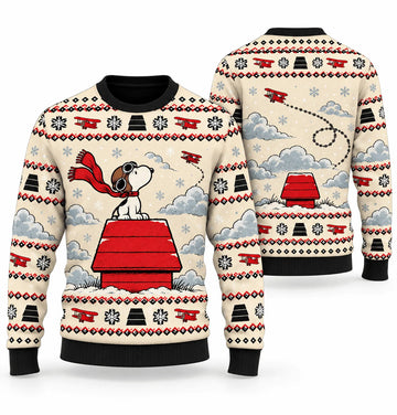 Snoopy Flying Ace Red Roof Winter Watch Ugly Christmas Sweater