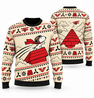 Snoopy Flying Ace Red Roof Takeoff Run Ugly Christmas Sweater