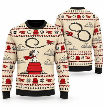 Snoopy Flying Ace Red Roof Skywriting Loop Ugly Christmas Sweater