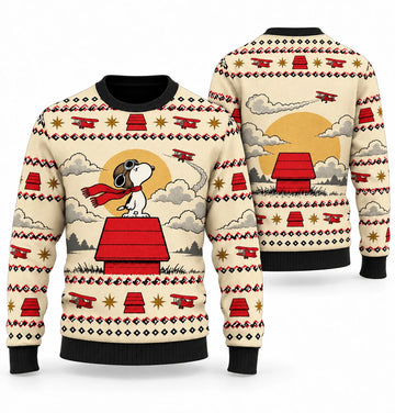 Snoopy Flying Ace Red Roof Homecoming Ugly Christmas Sweater