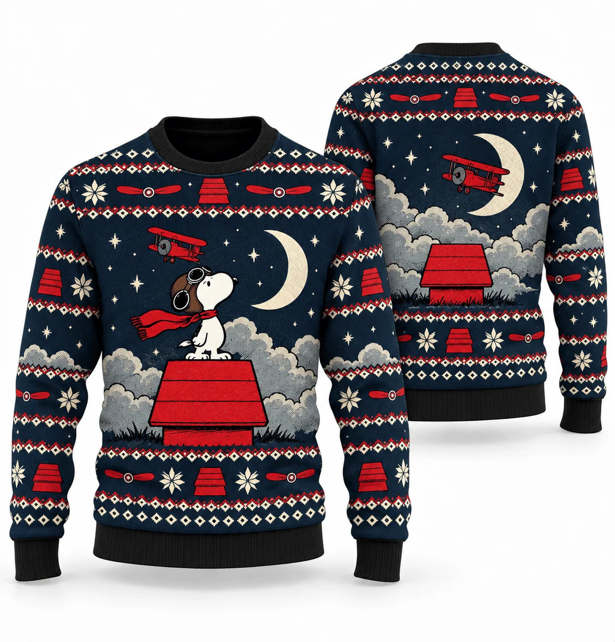 Snoopy Flying Ace Red Roof Midnight Sortie Ugly Christmas Sweater
