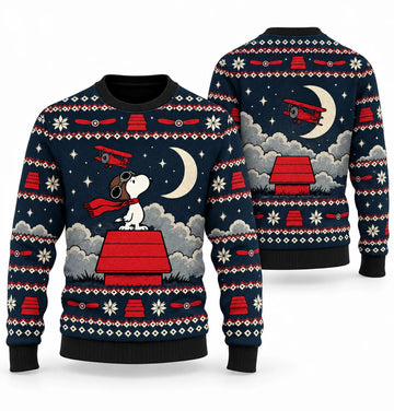 Snoopy Flying Ace Red Roof Midnight Sortie Ugly Christmas Sweater