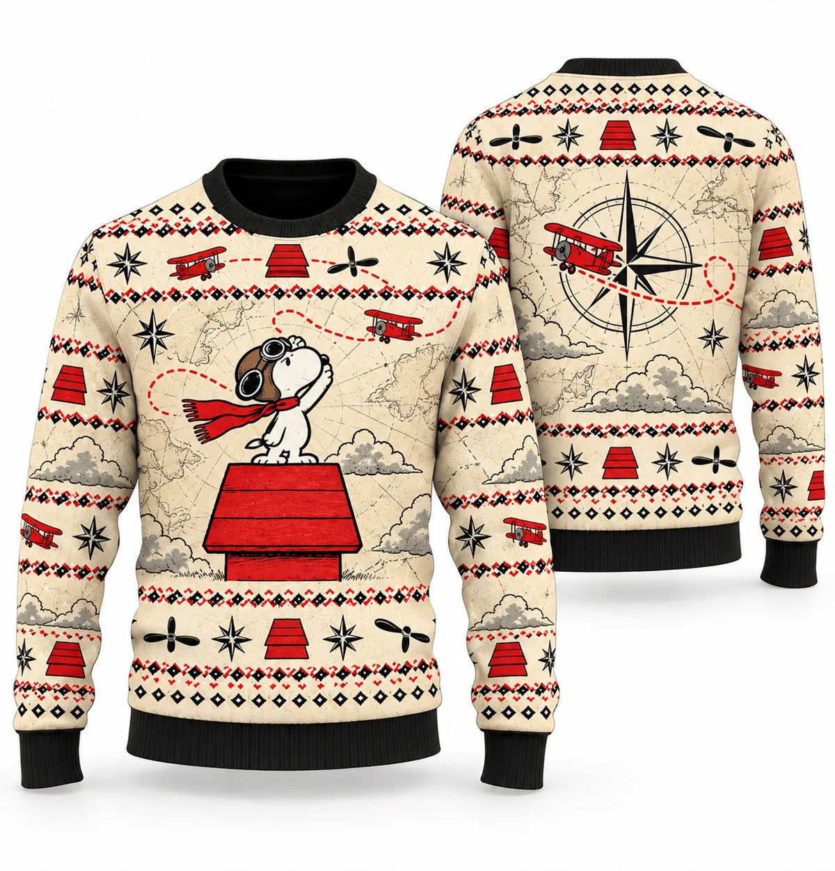 Snoopy Flying Ace Red Roof Flight Map Ugly Christmas Sweater