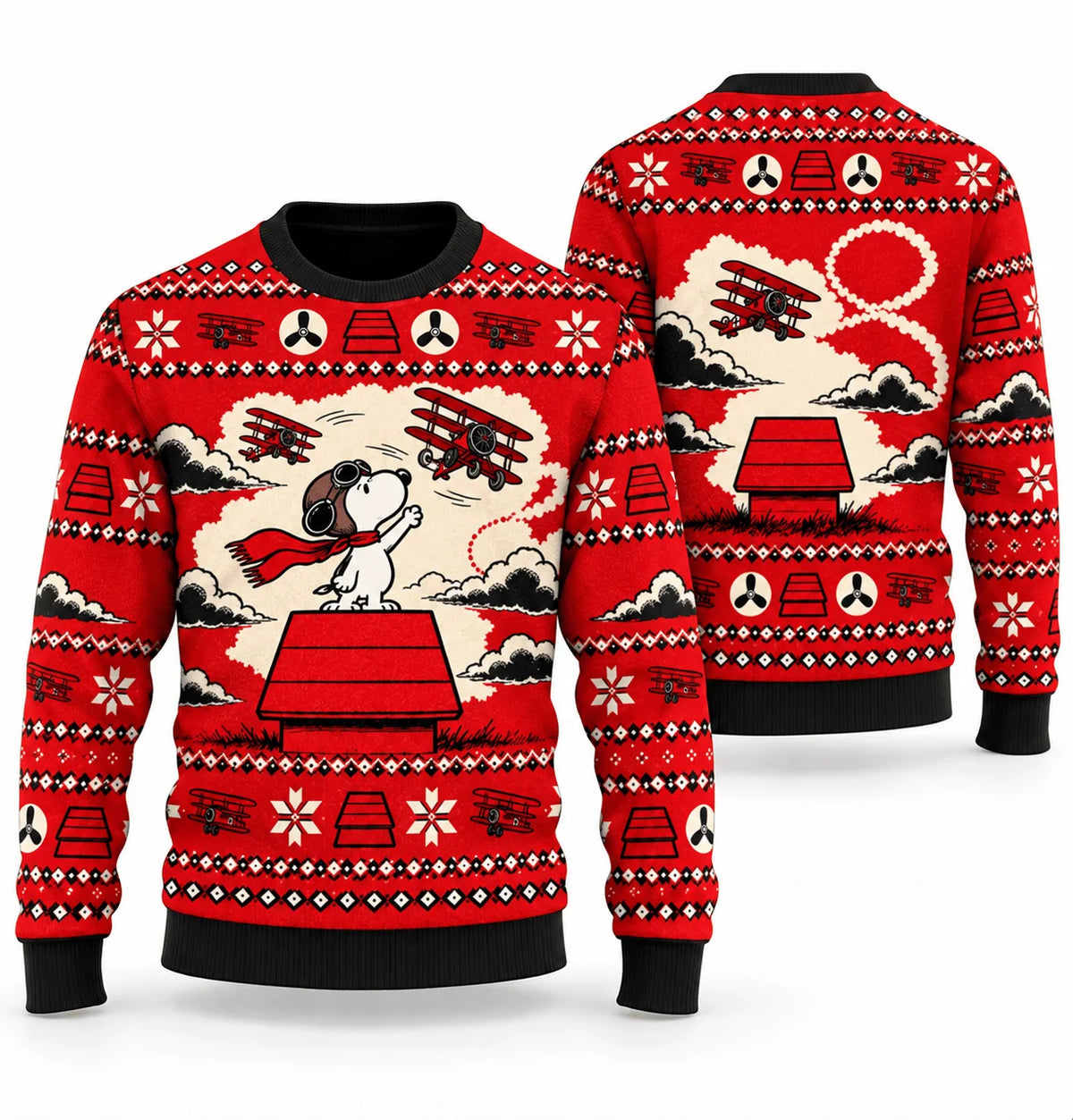 Snoopy Flying Ace Red Roof Scarlet Sky Ugly Christmas Sweater