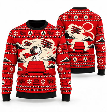 Snoopy Flying Ace Red Roof Scarlet Sky Ugly Christmas Sweater
