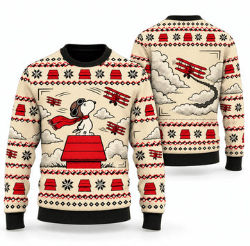 Snoopy Flying Ace Red Roof Comic Chase Ugly Christmas Sweater