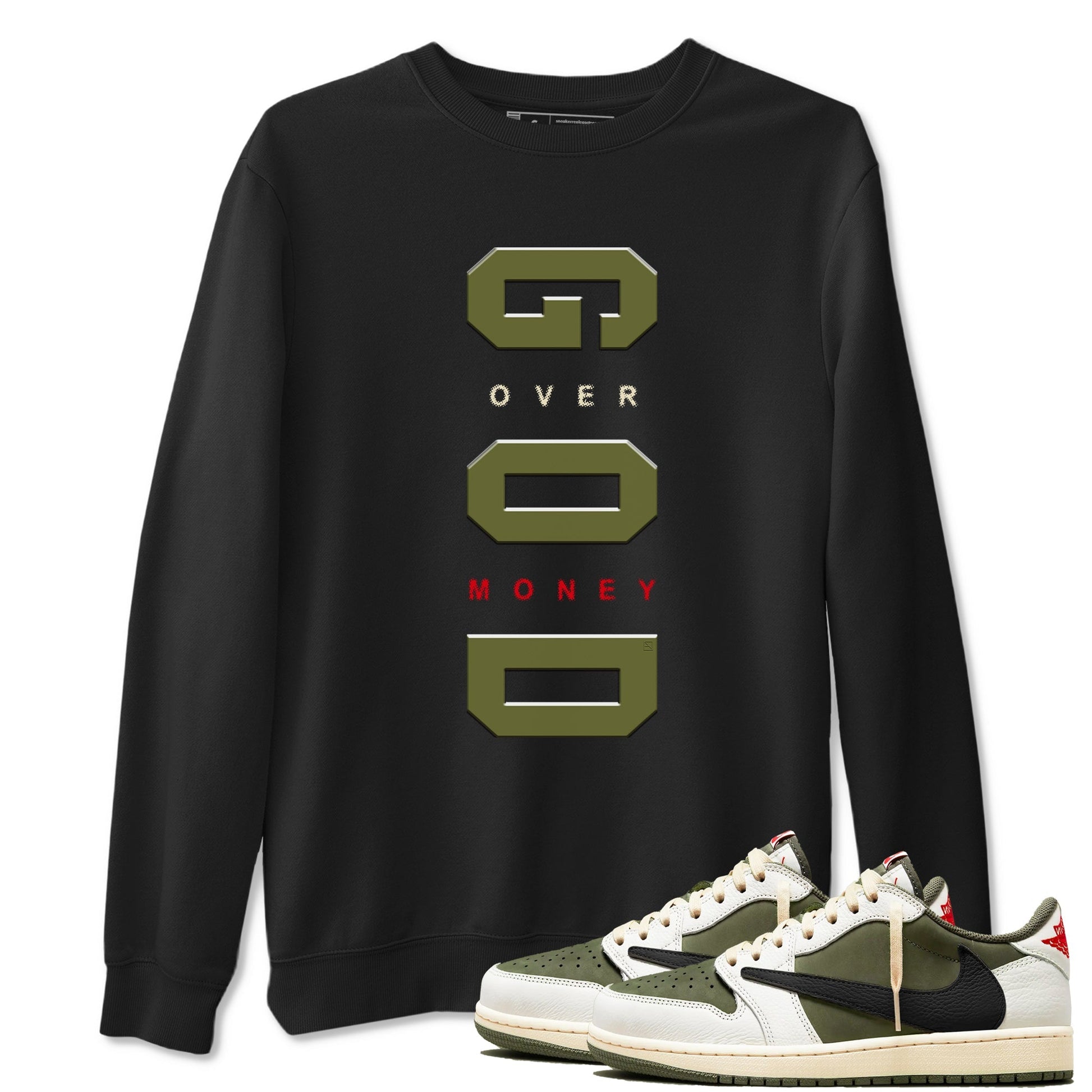 God Over Money Sneaker Tees - Air Jordan 1 Travis Scott Medium Olive