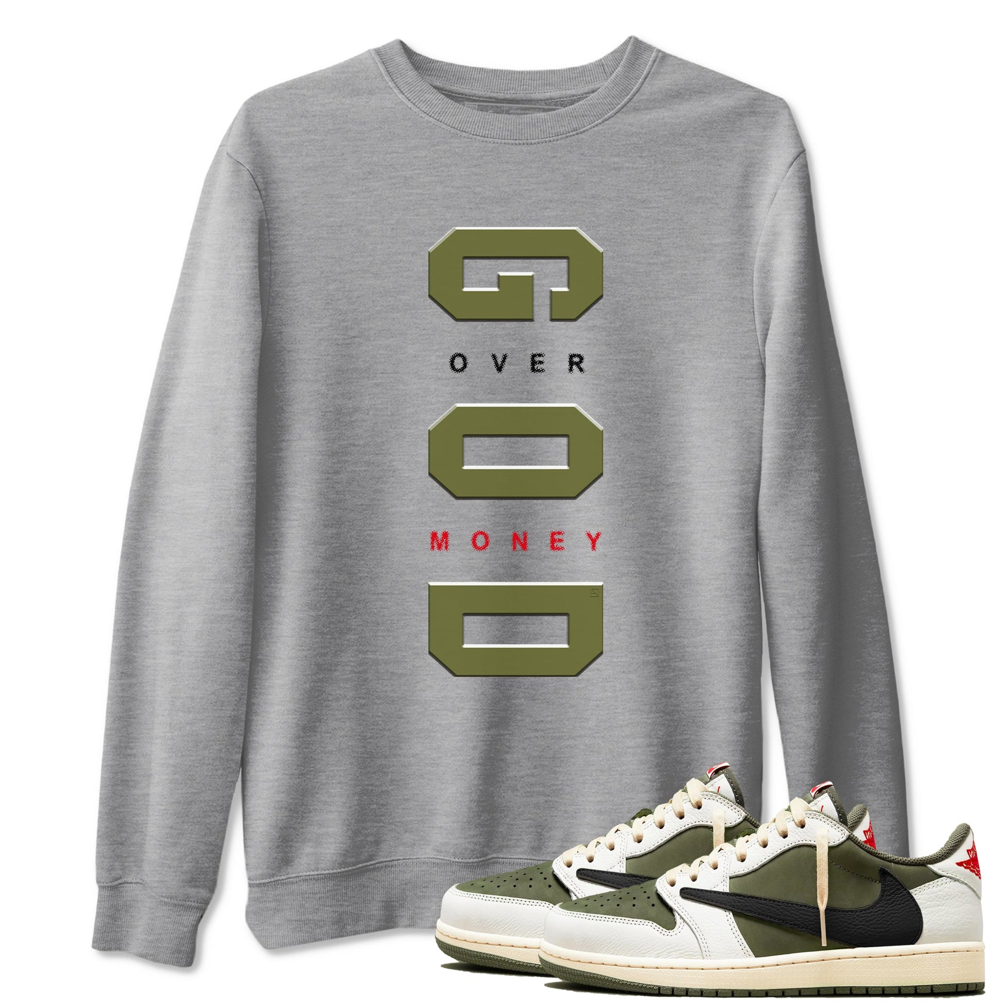 God Over Money Sneaker Tees - Air Jordan 1 Travis Scott Medium Olive