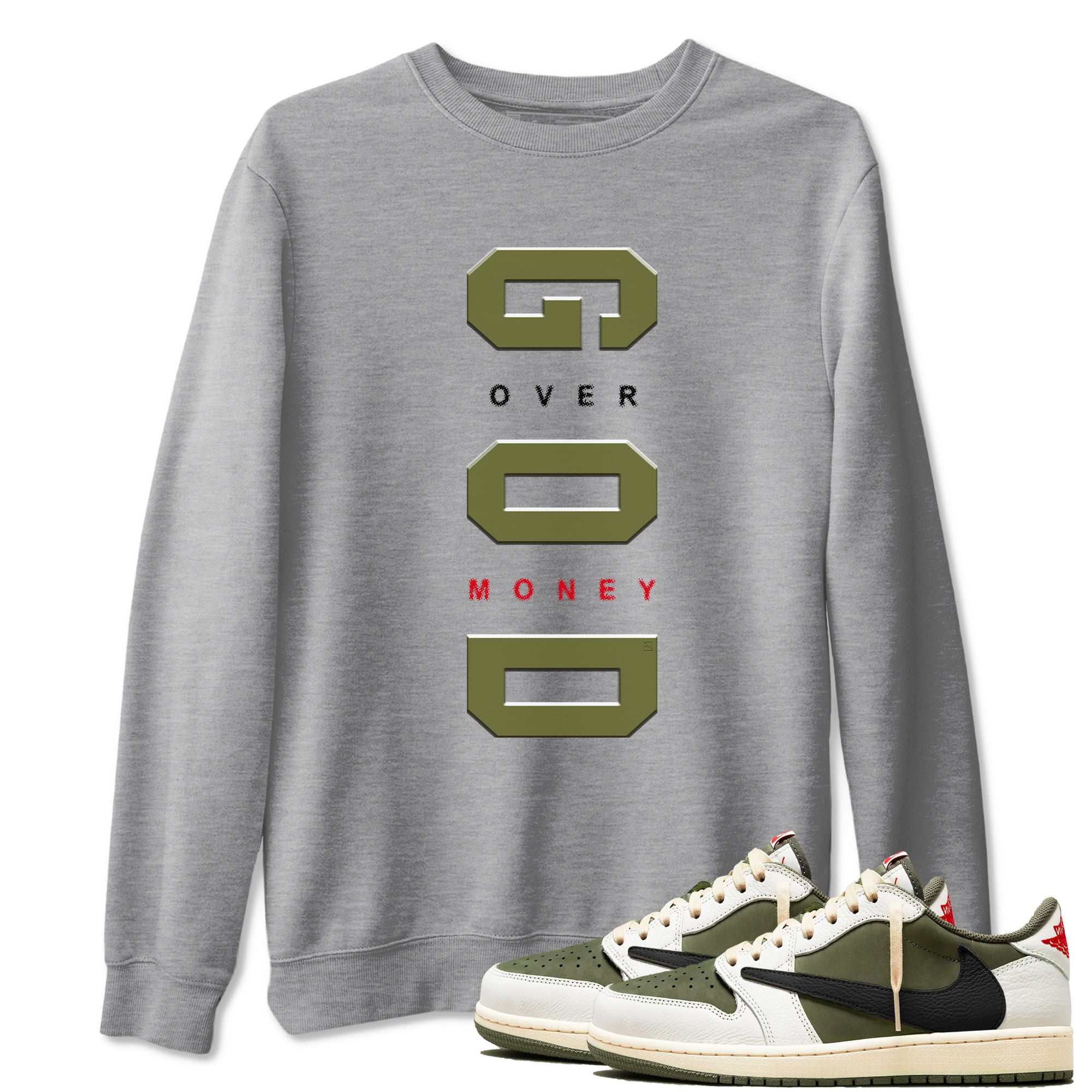 God Over Money Sneaker Tees - Air Jordan 1 Travis Scott Medium Olive