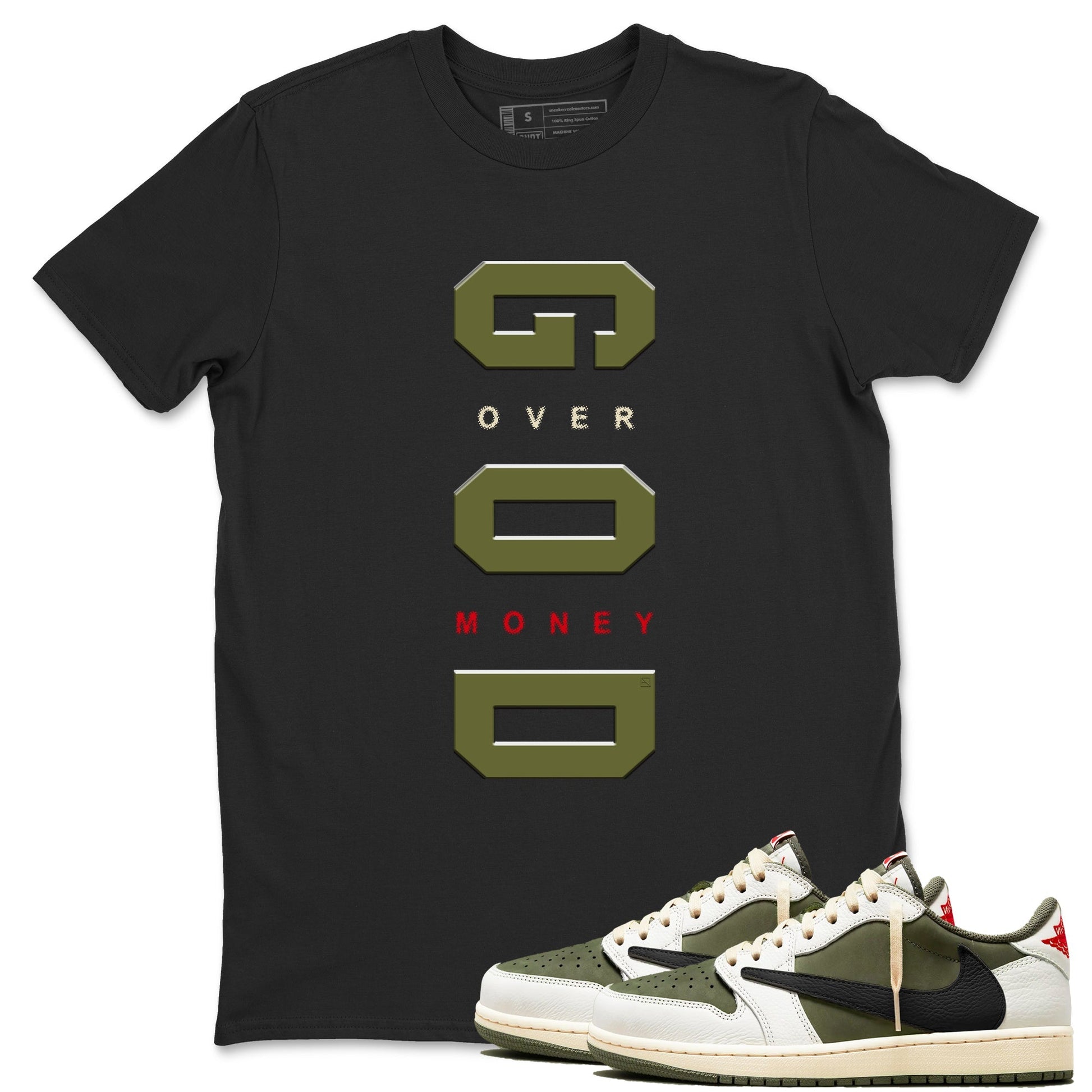 God Over Money Sneaker Tees - Air Jordan 1 Travis Scott Medium Olive