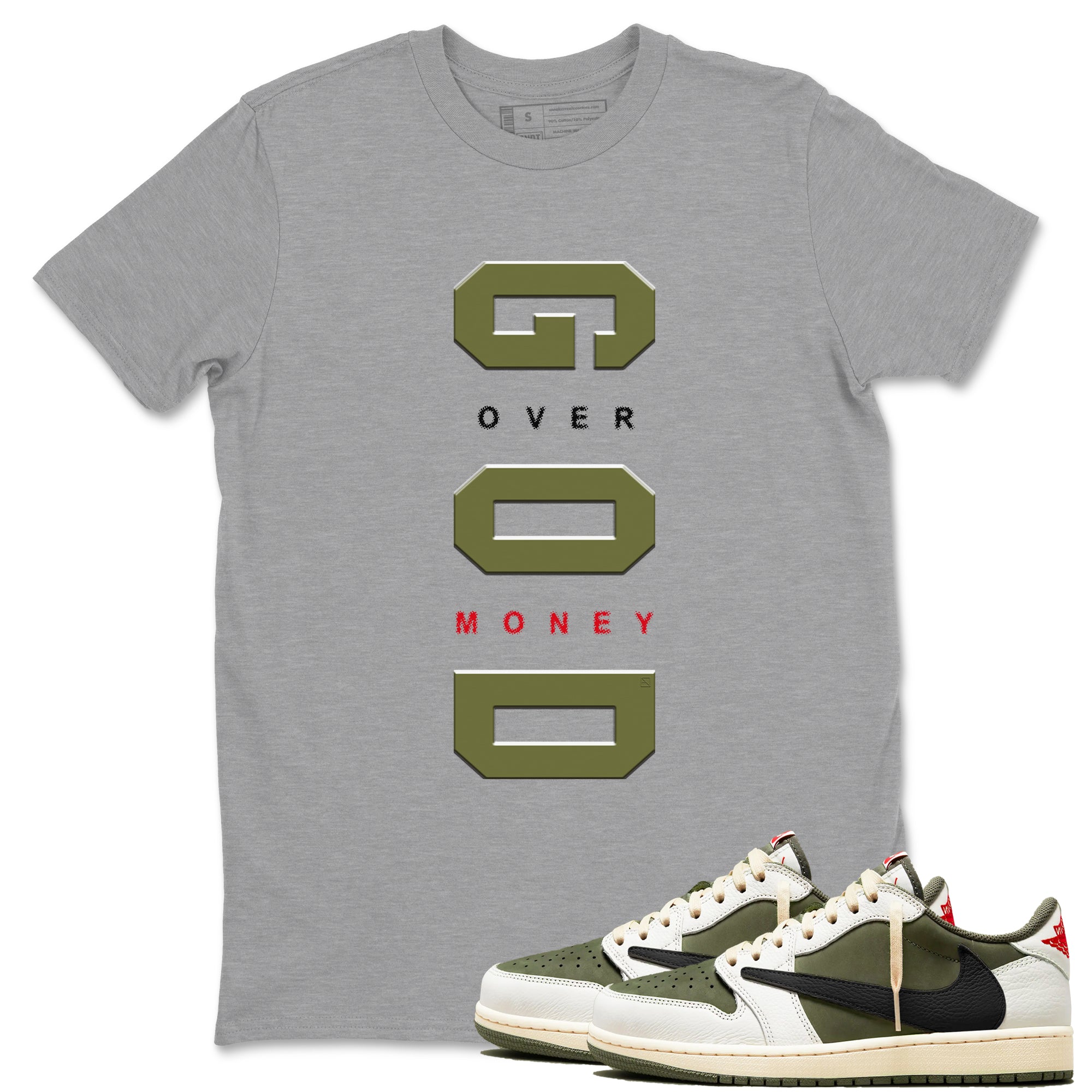 God Over Money Sneaker Tees - Air Jordan 1 Travis Scott Medium Olive