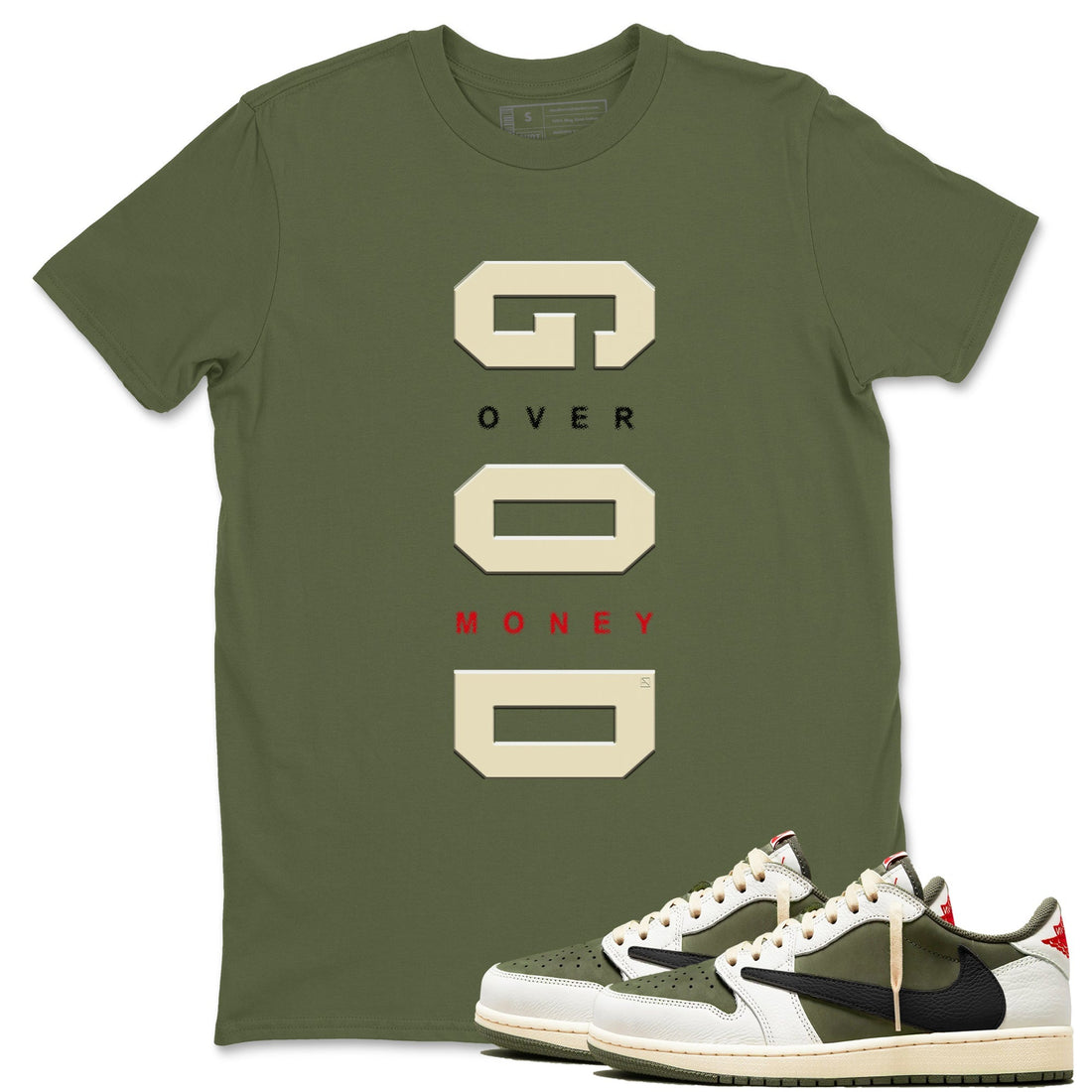 God Over Money Sneaker Tees - Air Jordan 1 Travis Scott Medium Olive