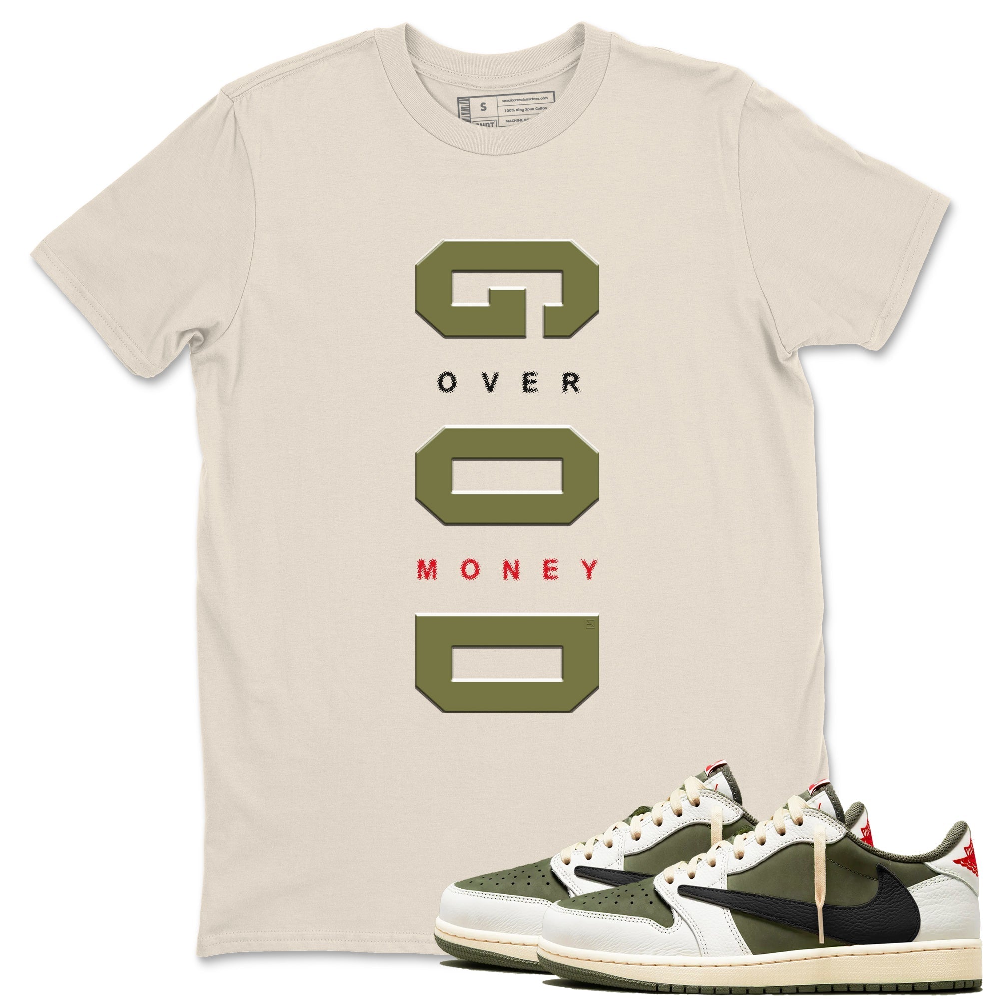 God Over Money Sneaker Tees - Air Jordan 1 Travis Scott Medium Olive