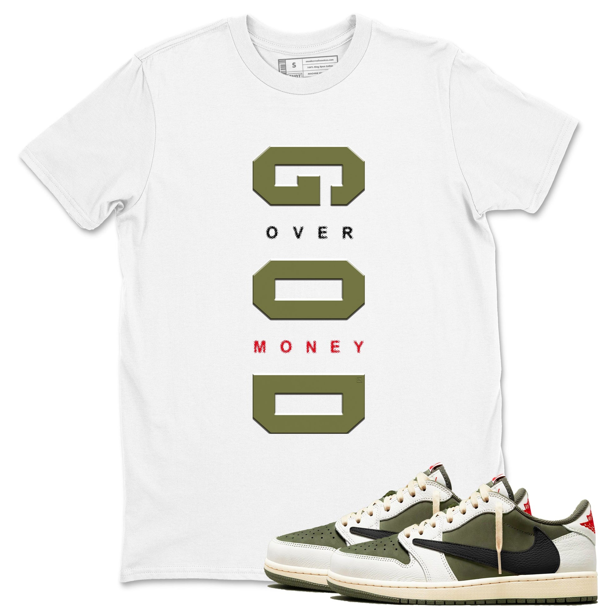 God Over Money Sneaker Tees - Air Jordan 1 Travis Scott Medium Olive
