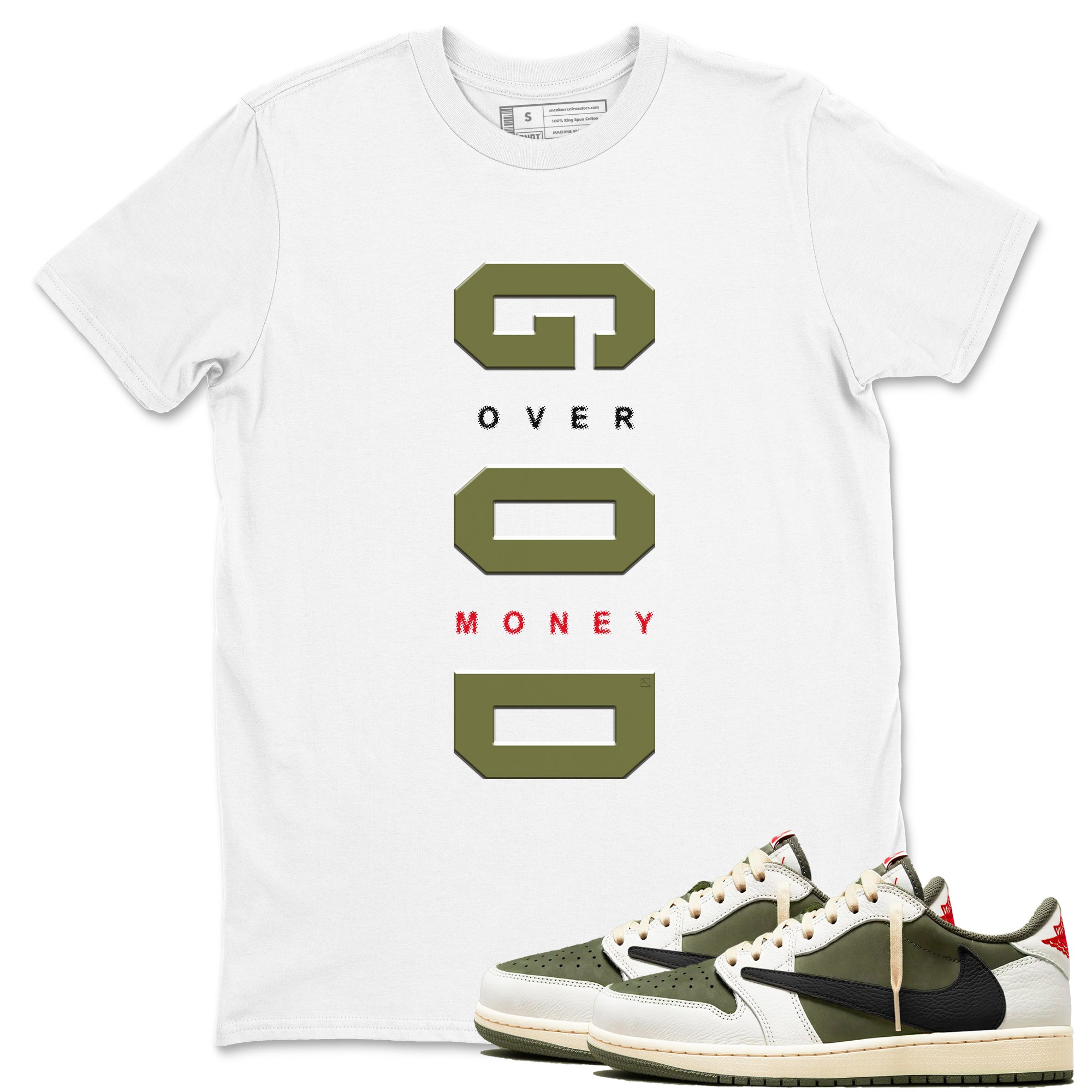 God Over Money Sneaker Tees - Air Jordan 1 Travis Scott Medium Olive