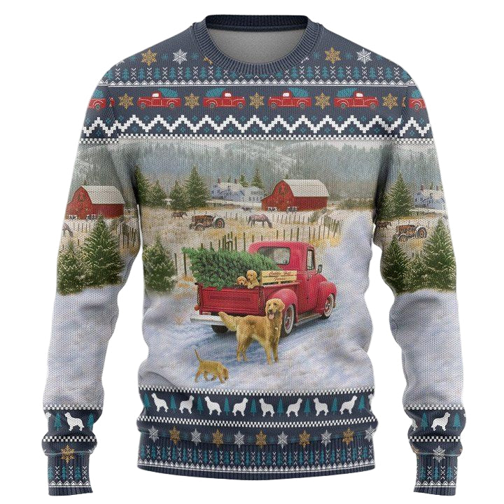Golden Retriever Red Truck Christmas Pine Christmas Sweater ? Usalast