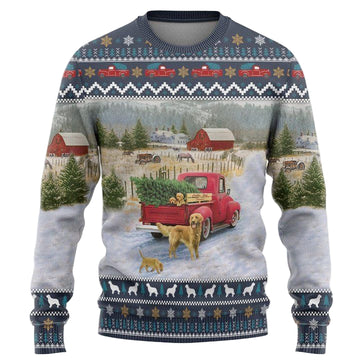 Golden Retriever Red Truck Christmas Pine Christmas Sweater ? Usalast