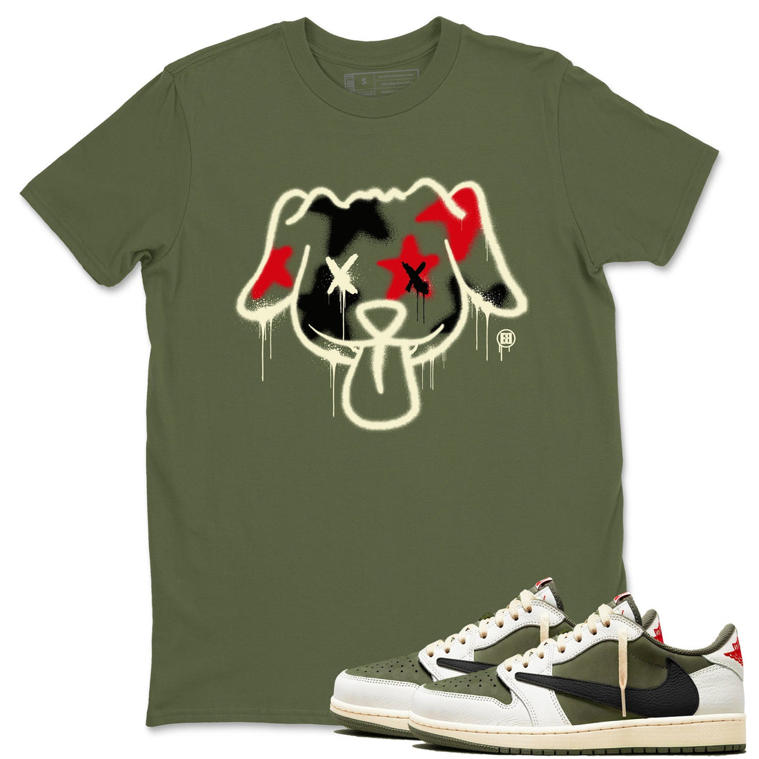 Graffiti Dog Sneaker Tees - Air Jordan 1 Travis Scott Medium Olive