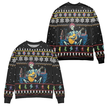 Grateful Dead Skeleton Playing Guitar Ugly Christmas Sweater ? Black ? Usalast