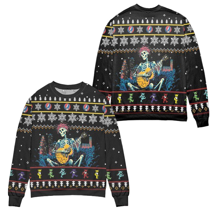 Grateful Dead Skeleton Playing Guitar Ugly Christmas Sweater ? Black ? Usalast