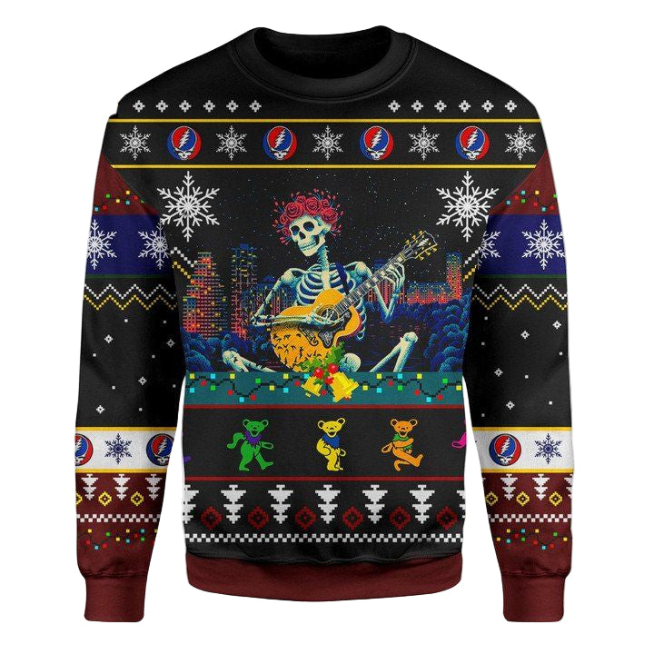 Grateful Dead Skull Skeleton Play Guitar Ugly Christmas 3D Printed Sweater ? Usalast