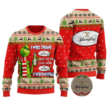 Grinch I Will Drink Here Or There I Will Drink Everywhere Yuengling Lager Beer Christmas Sweater ? Usalast