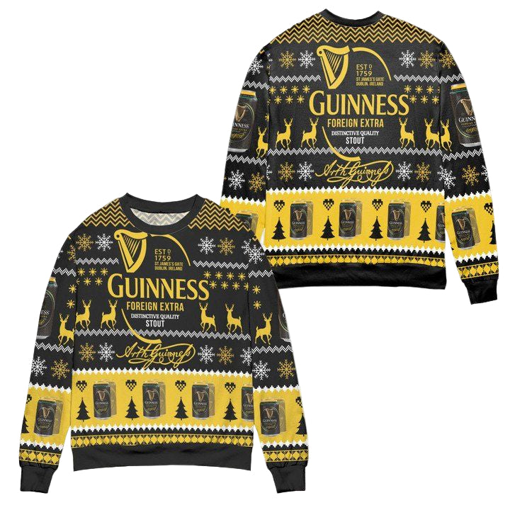 Guinness Foreign Extra Stout Christmas Pattern Ugly Christmas Sweater ? Black Yellow ? Usalast
