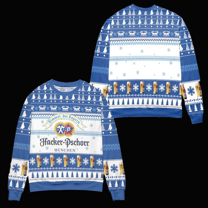 Hacker-Pschorr Brewery Pine Tree Pattern Ugly Christmas Sweater ? Blue White ? Usalast