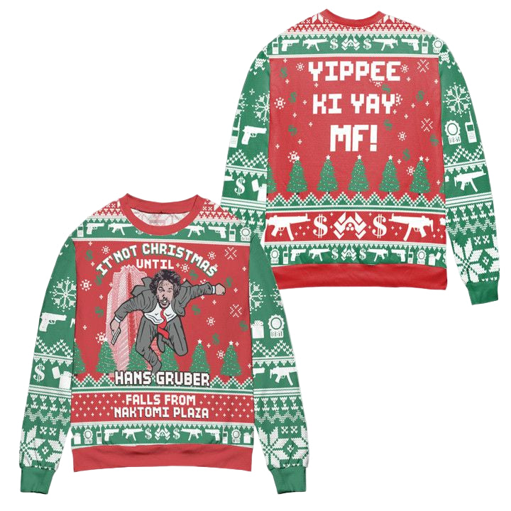 Hans Gruber Falls From Naktomi Plaza Die Hard Snowflake Pattern Ugly Christmas Sweater ? Red Green ? Usalast