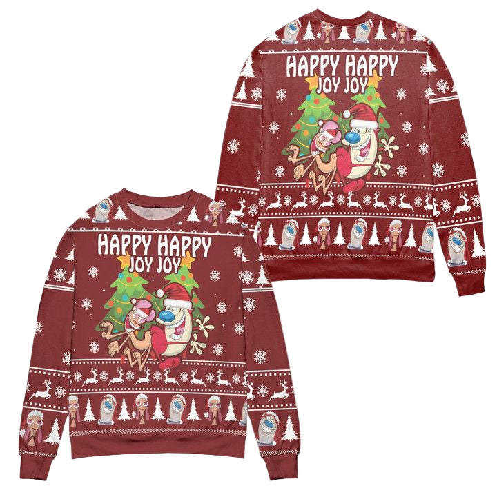 Happy Happy Joy Joy The Ren Stimpy Show Ugly Christmas Sweater ? Red ? Usalast