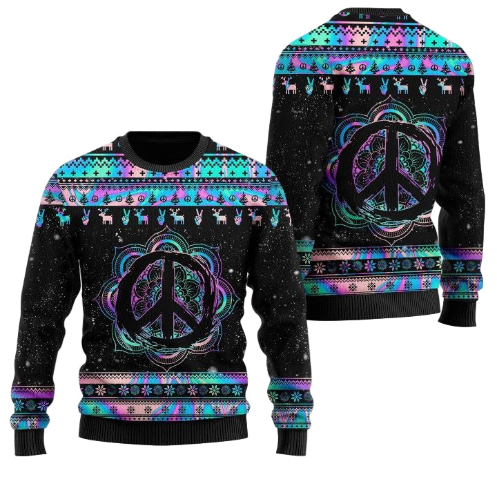 Hippie Holographic Mandala Peace Sign Ugly Christmas Sweater ? Usalast