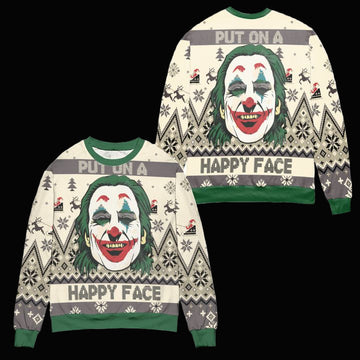 Joker Put On A Happy Face Reindeer Pine Tree Pattern Ugly Christmas Sweater ? Usalast