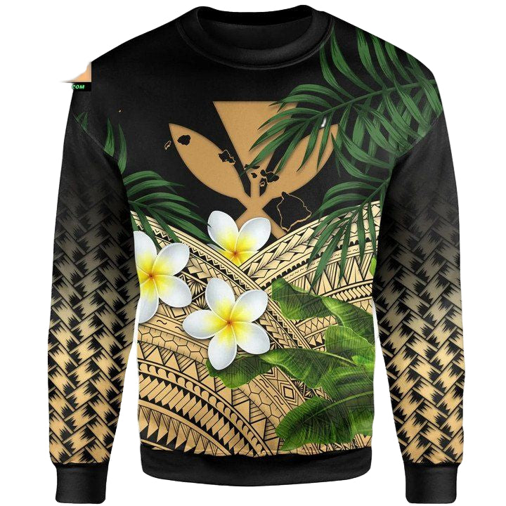 Kanaka Maoli Hawaiian Sweater Polynesian Plumeria Banana Leaves Gold A02 ? Usalast