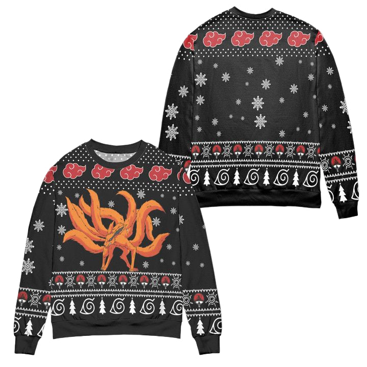 Kurama Naruto Akatsuki Logo Snowflake Ugly Christmas Sweater ? Black ? Usalast