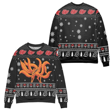 Kurama Naruto Akatsuki Logo Snowflake Ugly Christmas Sweater ? Black ? Usalast