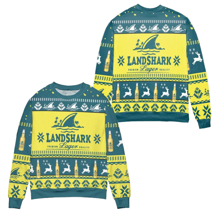 Landshark Lager Beer Logo Reindeer Pattern Ugly Christmas Sweater ? Yellow Blue ? Usalast