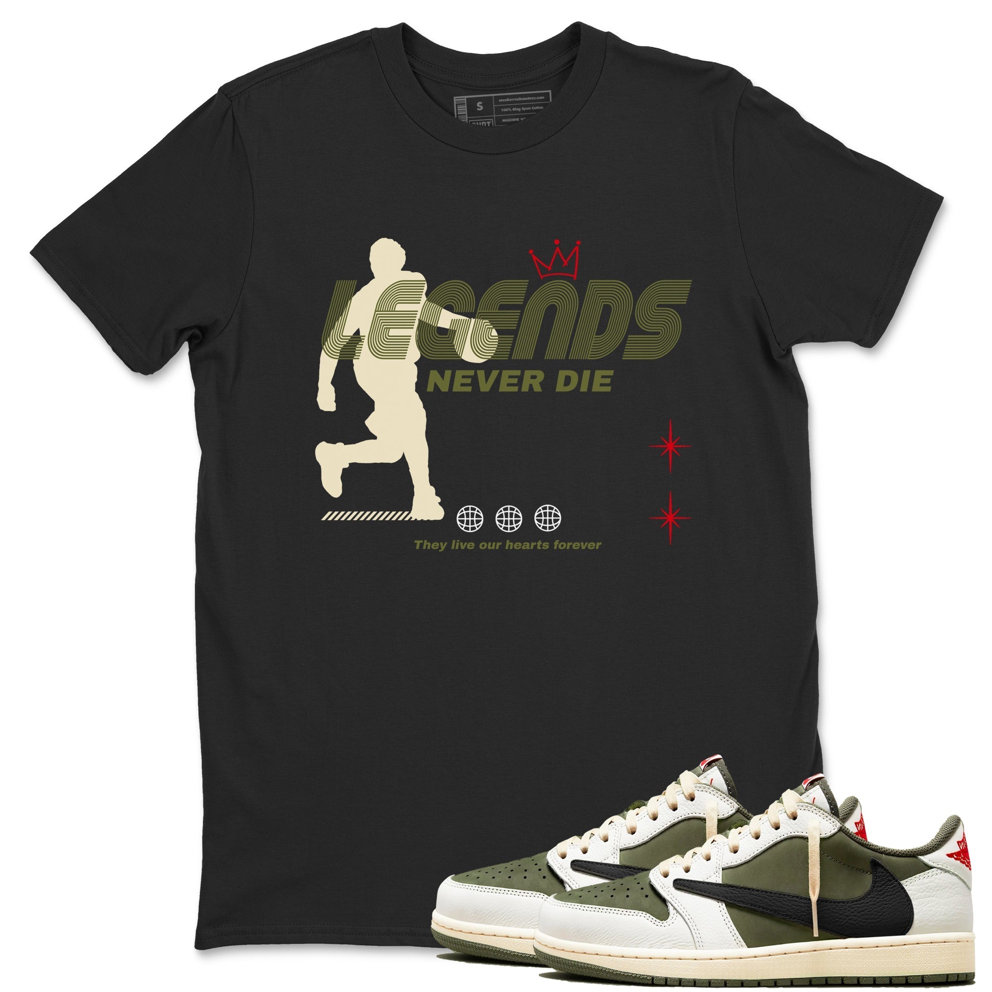 Legends Never Die Sneaker Tees - Air Jordan 1 Travis Scott Medium Olive