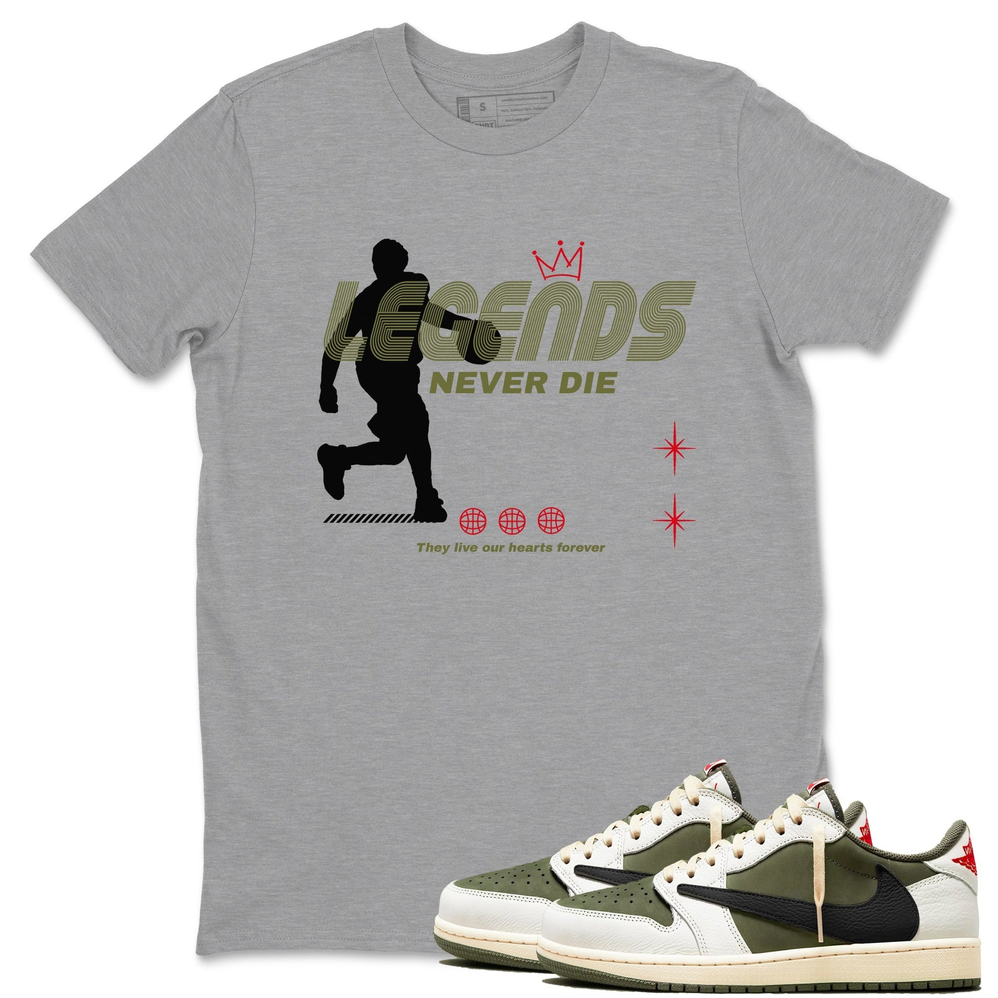 Legends Never Die Sneaker Tees - Air Jordan 1 Travis Scott Medium Olive