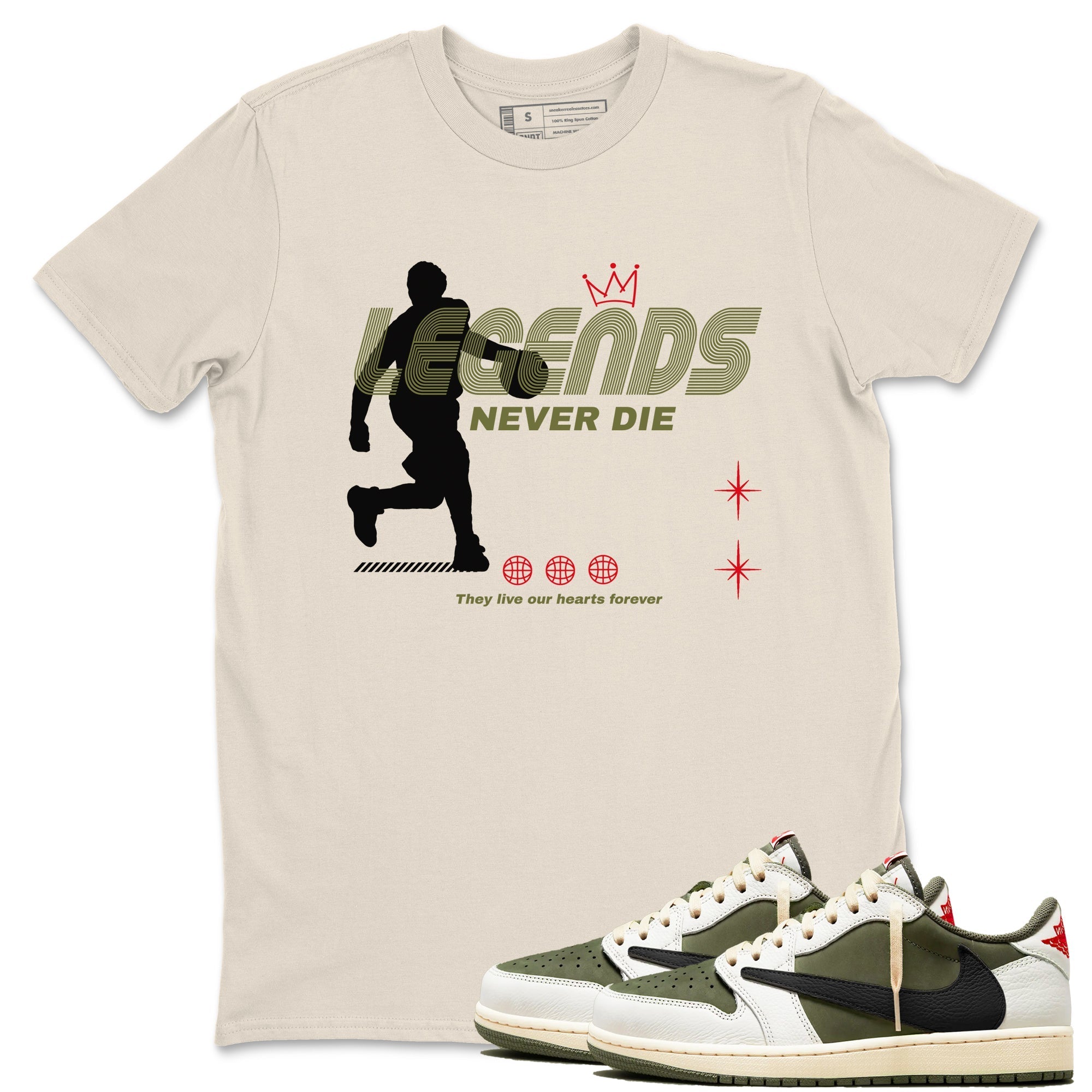 Legends Never Die Sneaker Tees - Air Jordan 1 Travis Scott Medium Olive