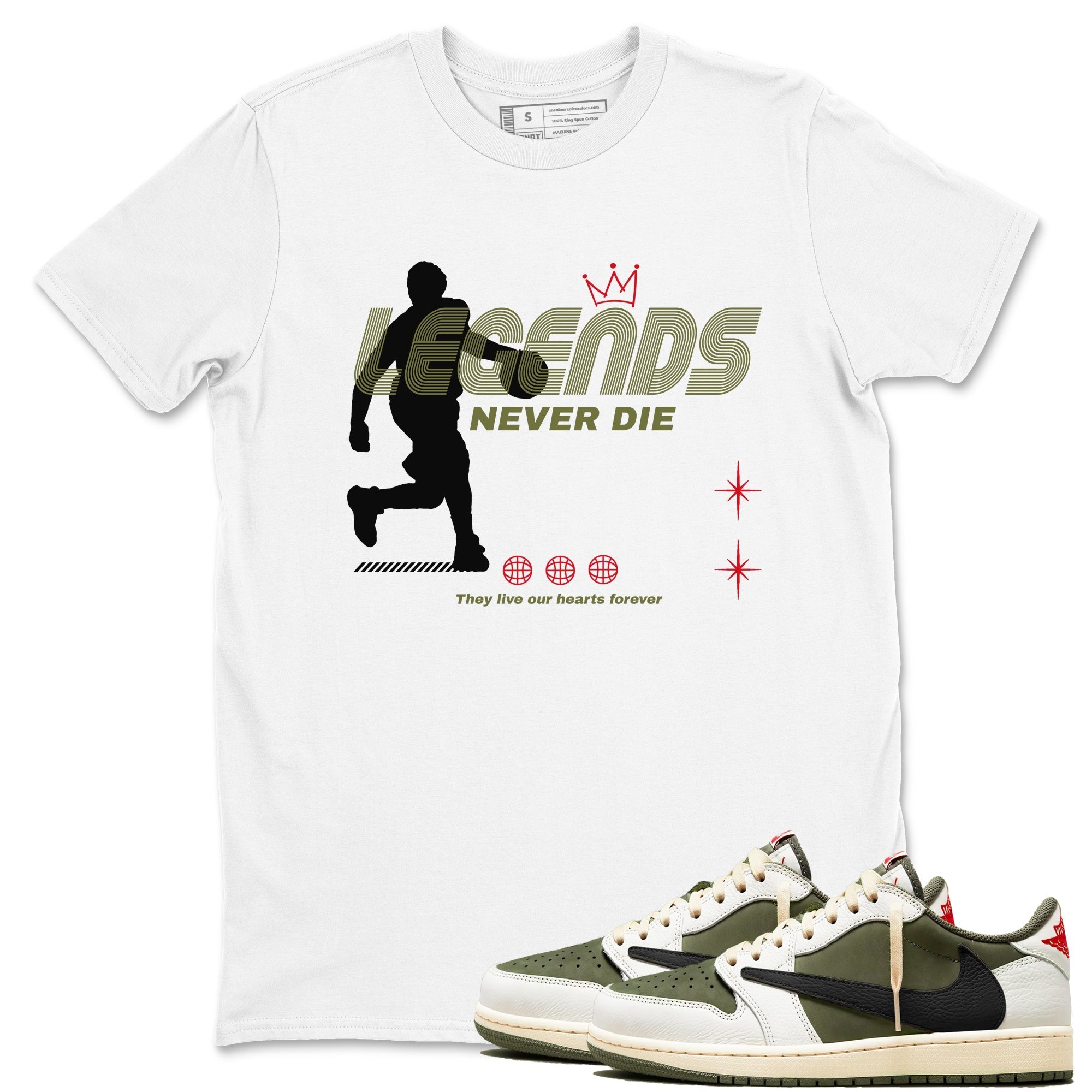 Legends Never Die Sneaker Tees - Air Jordan 1 Travis Scott Medium Olive