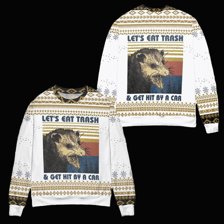 Lets Eat Trash Get Hit By A Car Opossum Ugly Christmas Sweater ? White ? Usalast