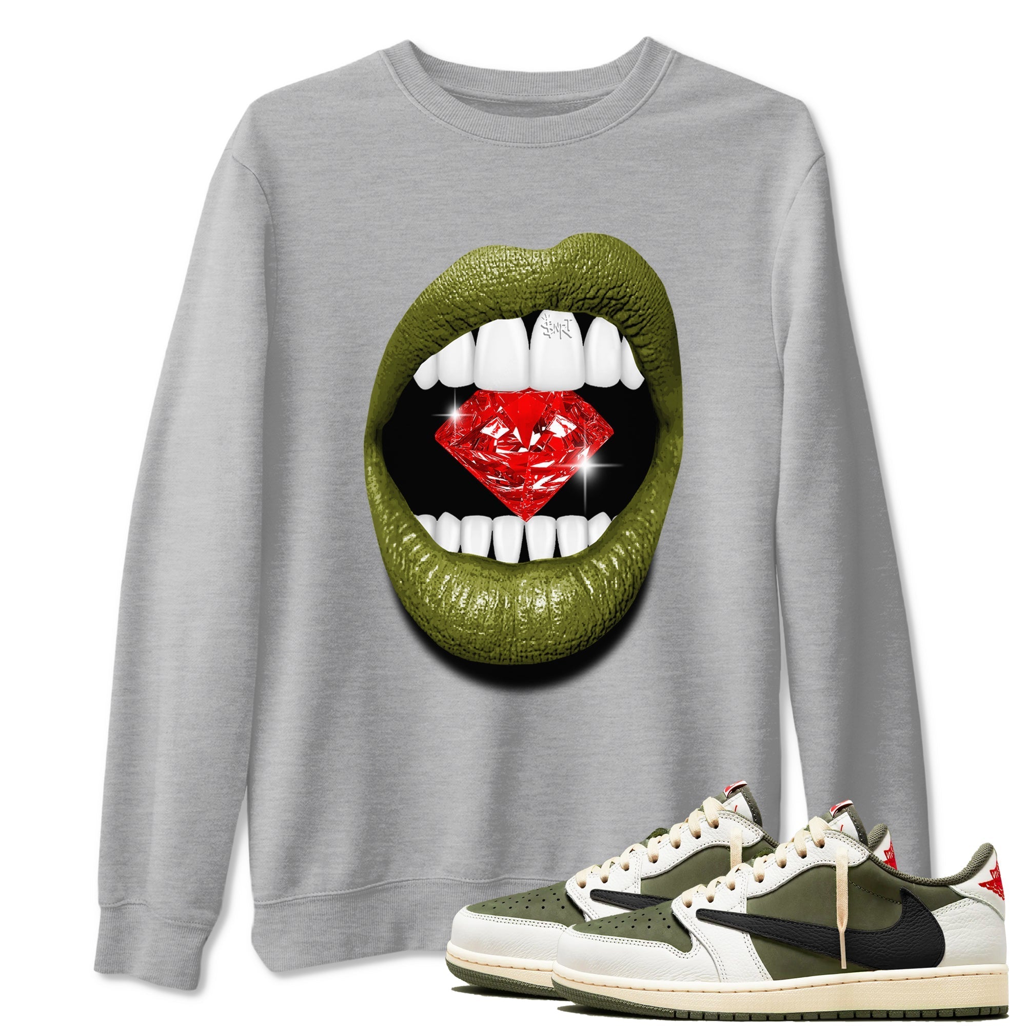 Lips Diamond Sneaker Tees - Air Jordan 1 Travis Scott Medium Olive