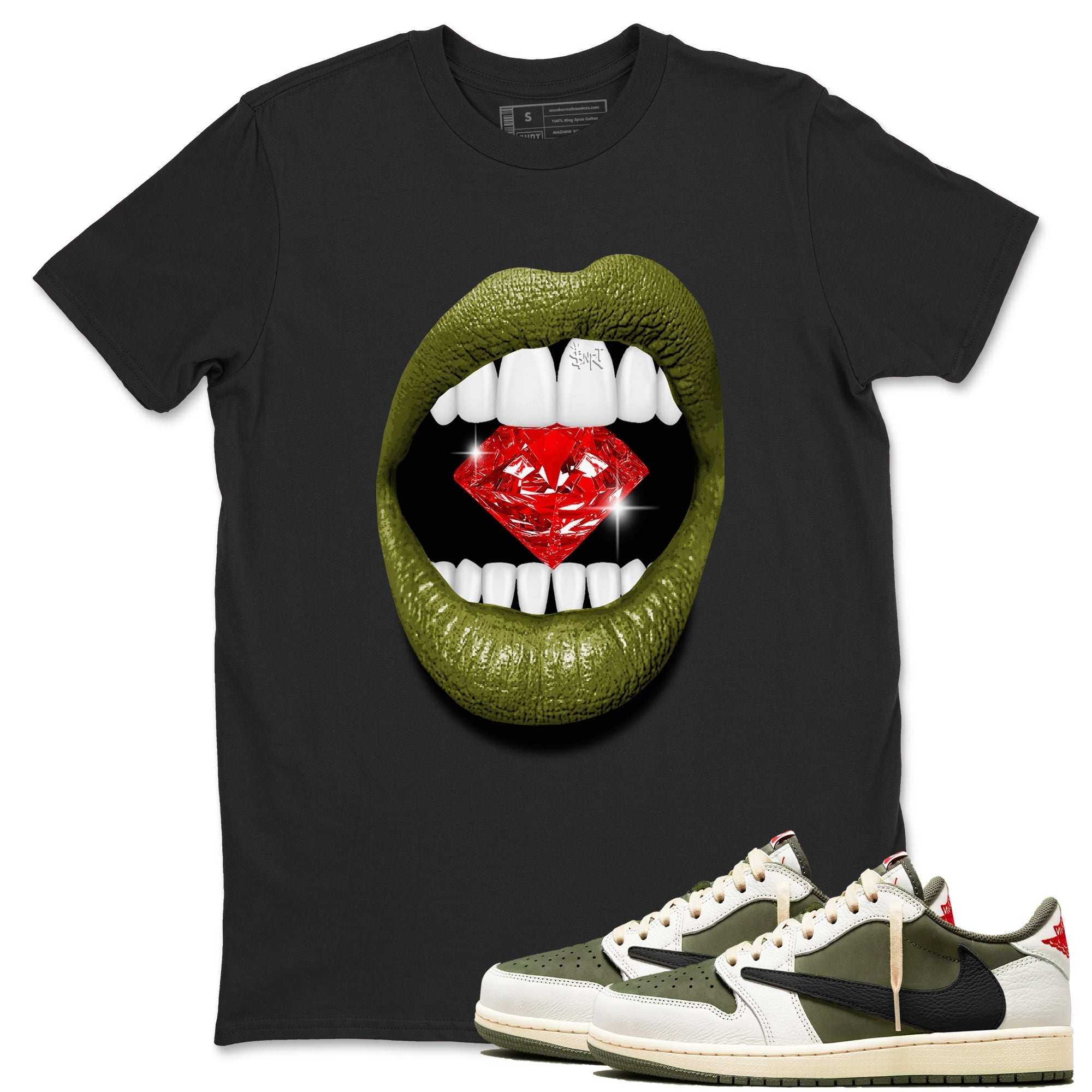 Lips Diamond Sneaker Tees - Air Jordan 1 Travis Scott Medium Olive