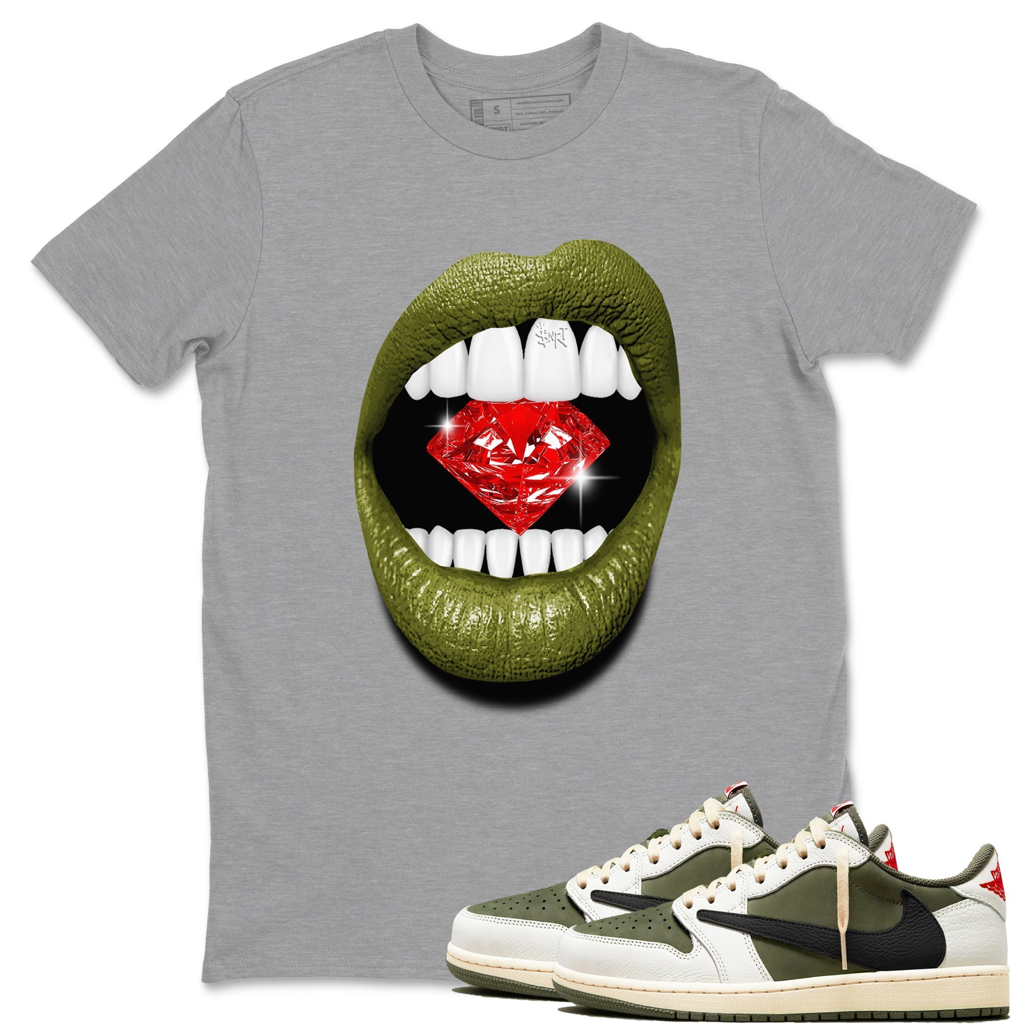 Lips Diamond Sneaker Tees - Air Jordan 1 Travis Scott Medium Olive