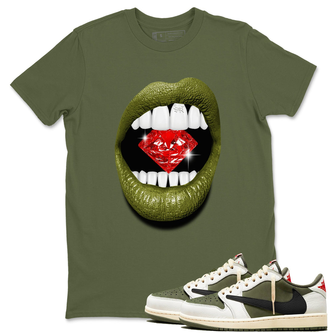 Lips Diamond Sneaker Tees - Air Jordan 1 Travis Scott Medium Olive