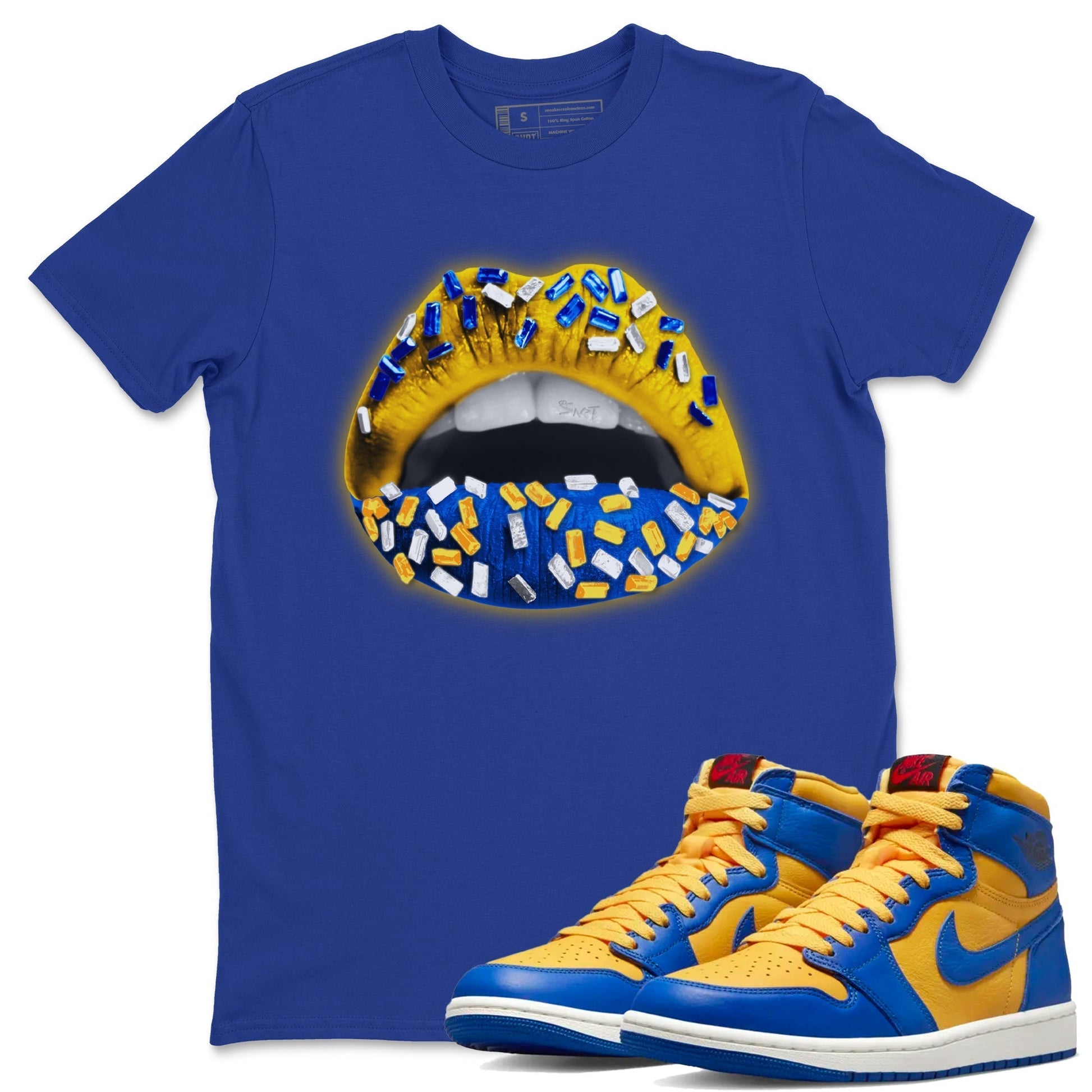 Lips Jewel Unisex Tops - Air Jordan 1 Game Royal Varsity Maize