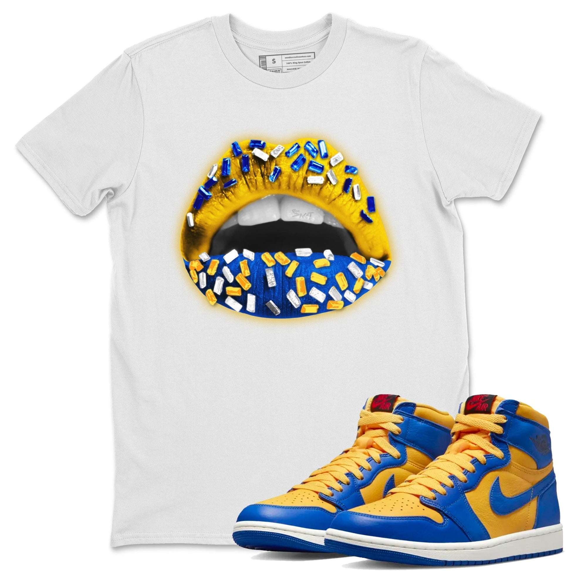 Lips Jewel Unisex Tops - Air Jordan 1 Game Royal Varsity Maize