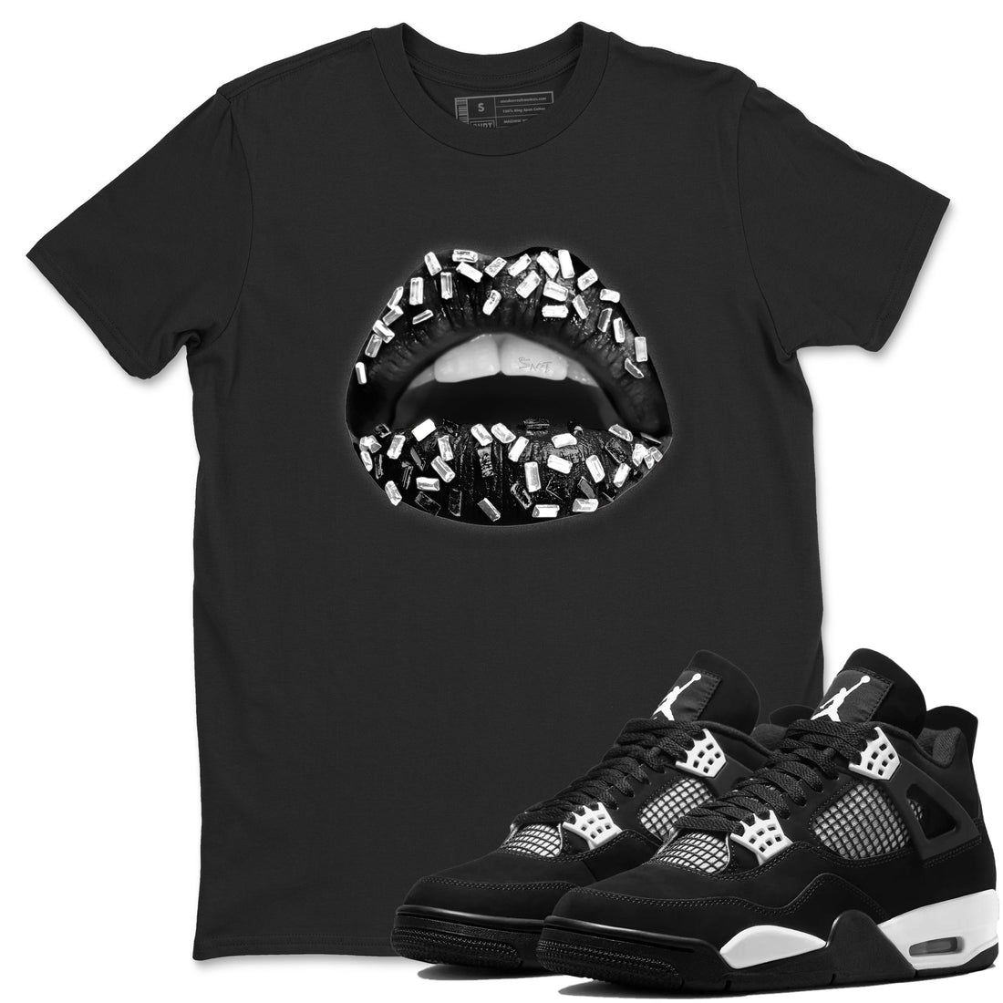 Lips Jewel Sneaker Tees - Air Jordan 4 White Thunder