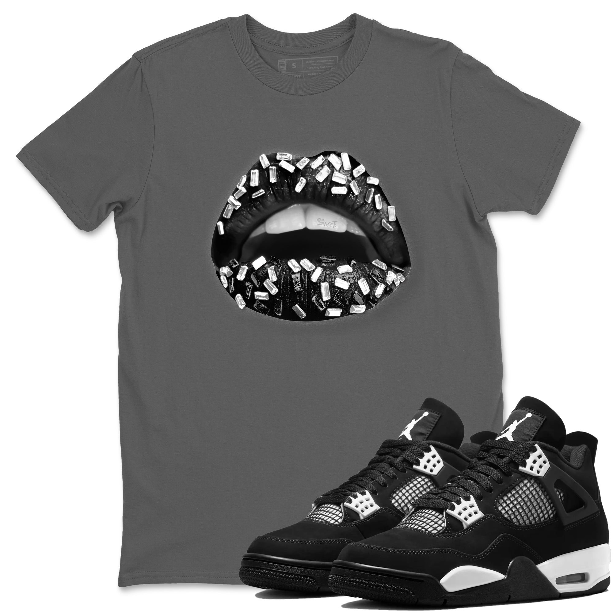 Lips Jewel Sneaker Tees - Air Jordan 4 White Thunder